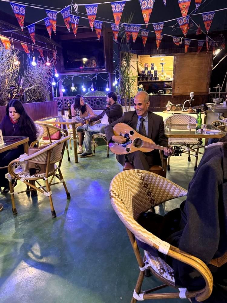 An oud player on the rooftop at night