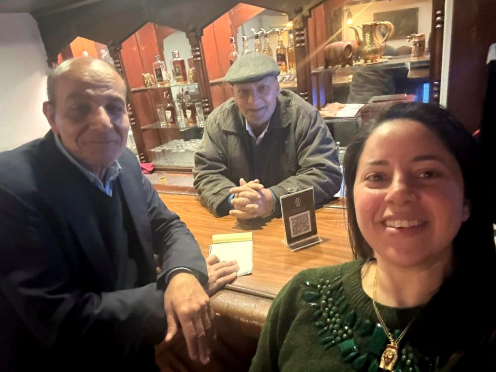 Ibrahim and Mr Samy at the bar today with May Farag, the founder's granddaughter